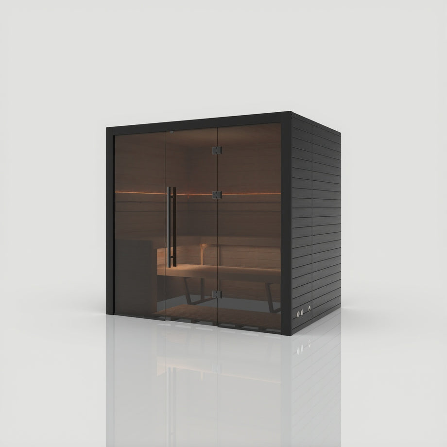 Hekla Traditional 210 indoor sauna in Nero black finish, angled front view with glass door closed