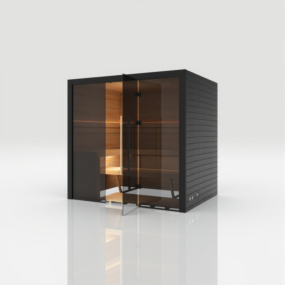 Hekla Traditional 210 sauna in Nero finish with the glass door part open, showing the timber benches