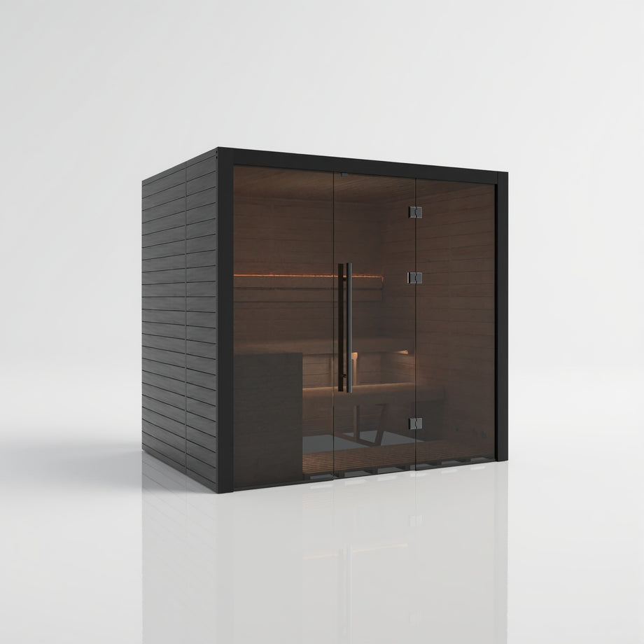 Hekla Traditional 210 sauna in Nero finish, side angle view with door closed
