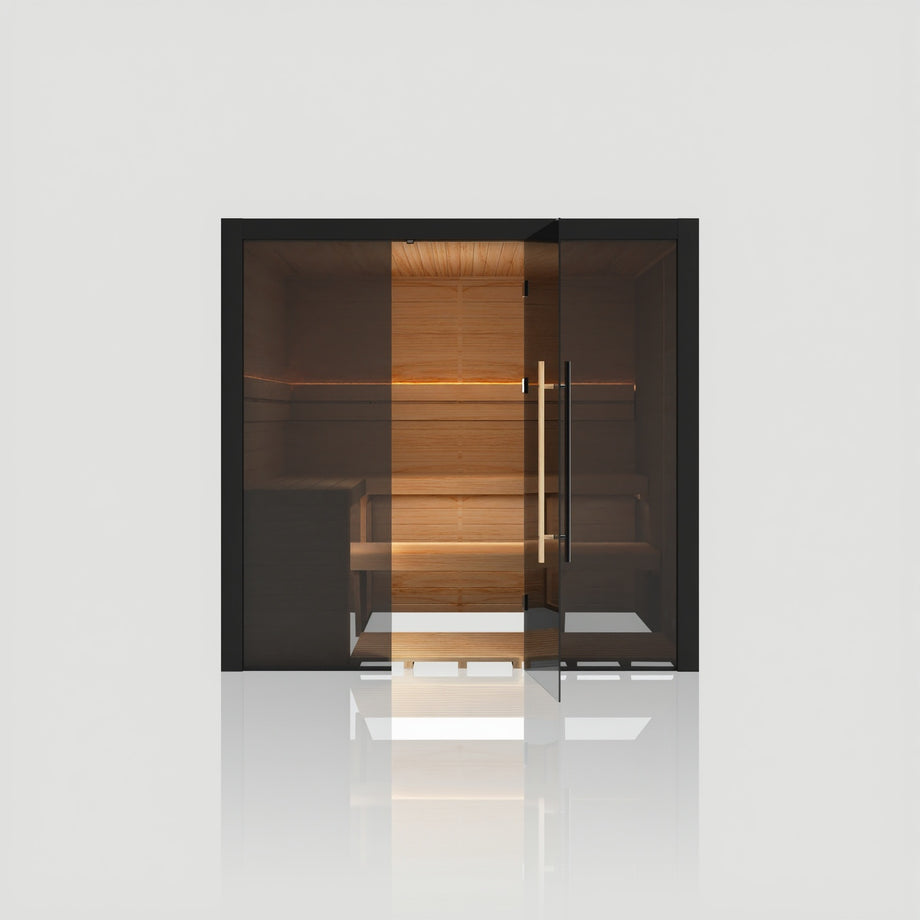 Hekla Traditional 210 sauna in Nero finish, straight-on front view with door open