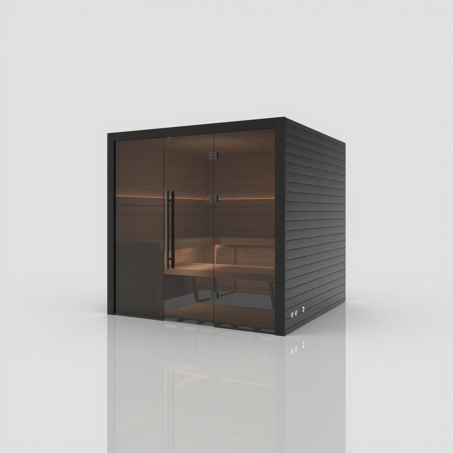 Hekla Traditional 210x indoor sauna in Nero black finish, angled front view with glass door closed
