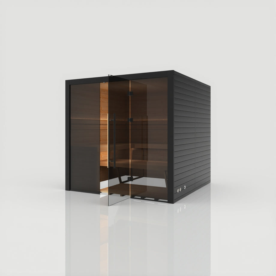 Hekla Traditional 210x sauna in Nero finish with the glass door part open, showing the timber benches