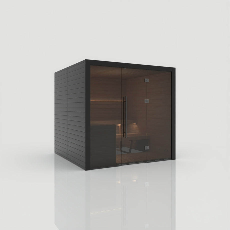 Hekla Traditional 210x sauna in Nero finish, side angle view with door closed