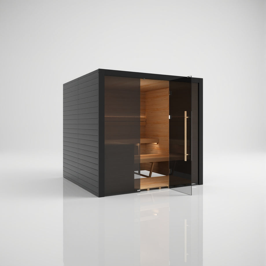 Hekla Traditional 210x sauna in Nero finish with the door fully open and LED lit benches inside