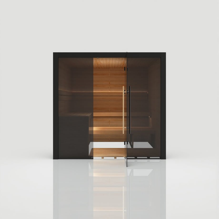 Hekla Traditional 210x sauna in Nero finish, straight-on front view with door open