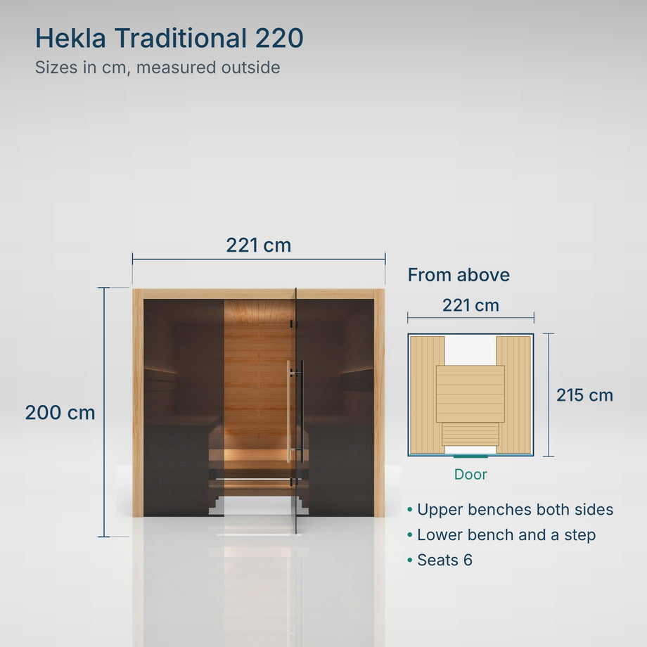 Hekla Traditional 220 sizes: 221 cm wide, 215 cm deep, 200 cm tall, with upper benches down both sides