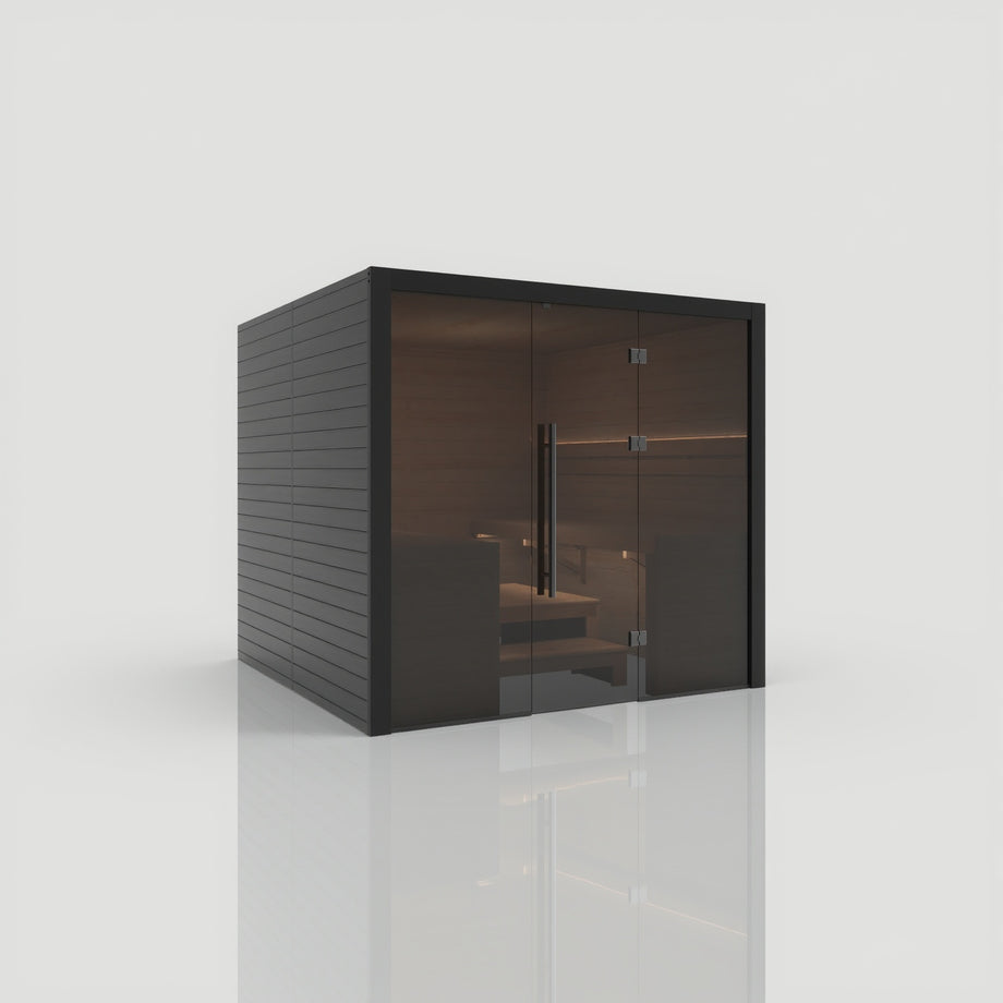 Hekla Traditional 220 sauna in Nero finish, side angle view with door closed