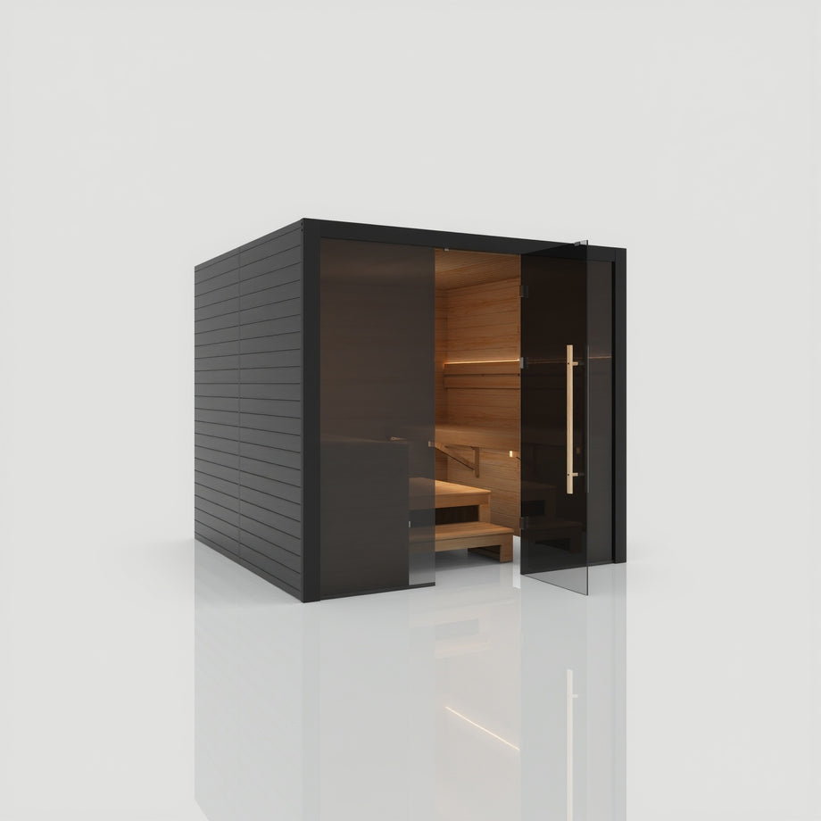 Hekla Traditional 220 sauna in Nero finish with the door fully open and LED lit benches inside