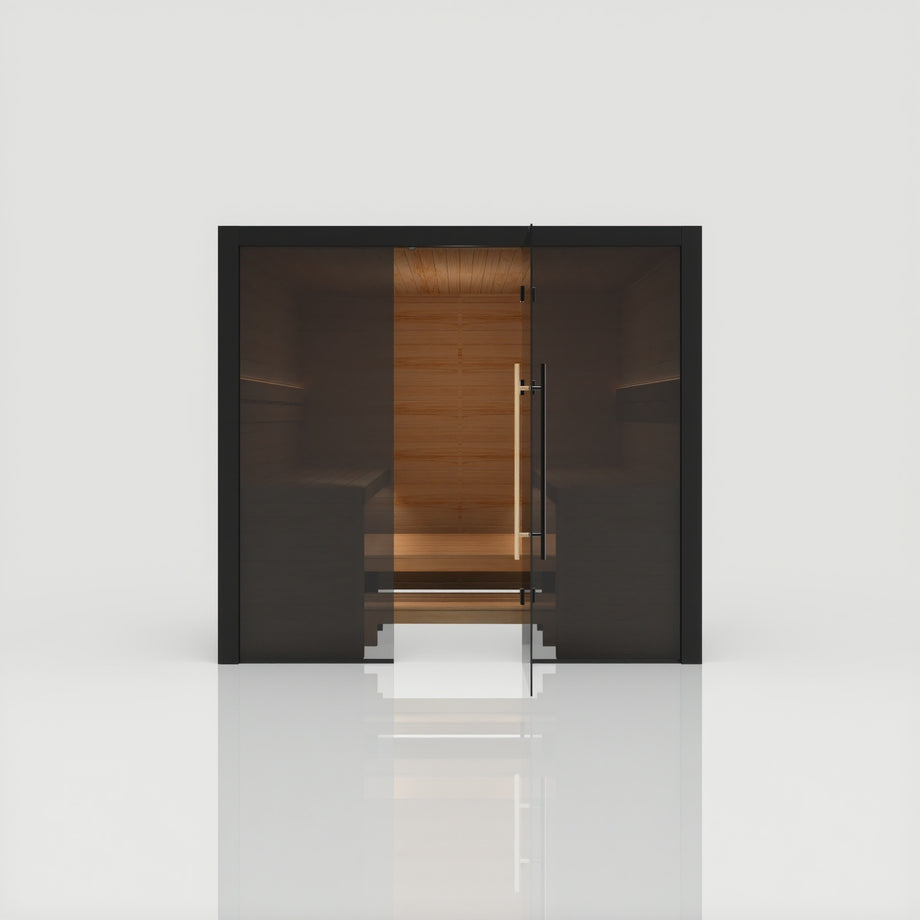 Hekla Traditional 220 sauna in Nero finish, straight-on front view with door open
