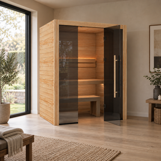 Illustrative lifestyle view of the Hekla Traditional 160 indoor sauna in natural timber, styled in a modern home
