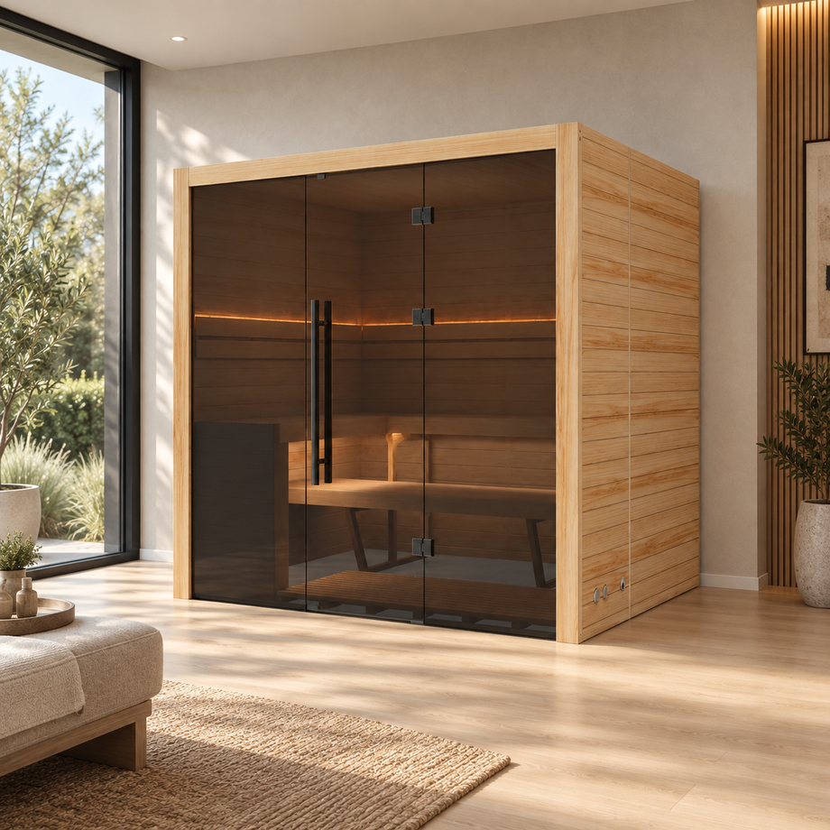 Illustrative lifestyle view of the Hekla Traditional 210 indoor sauna in natural timber, styled in a modern home