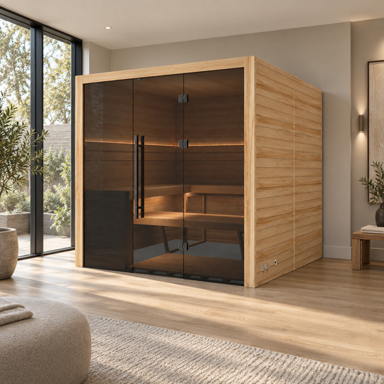Illustrative lifestyle view of the Hekla Traditional 210x indoor sauna in natural timber, styled in a modern home