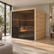 Load image into Gallery viewer, Illustrative lifestyle view of the Hekla Traditional 210x indoor sauna in natural timber, styled in a modern home
