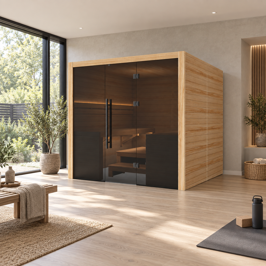 Illustrative lifestyle view of the Hekla Traditional 220 indoor sauna in natural timber, styled in a modern home