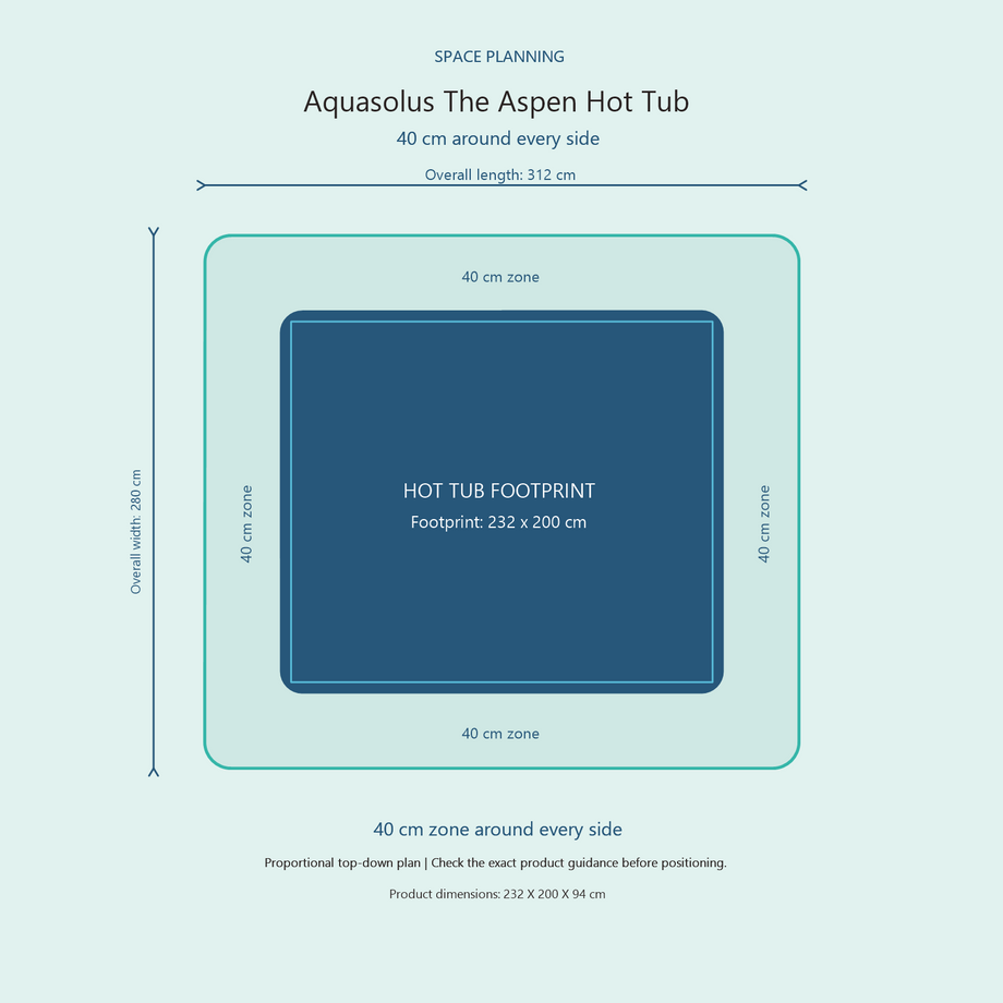 Top-down space plan for Aquasolus The Aspen Hot Tub, showing the 232 x 200 cm footprint and a 40 cm zone around every side.