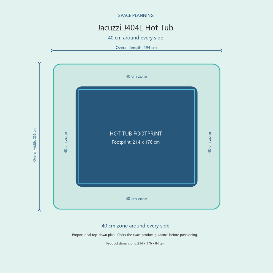 Top-down space plan for Jacuzzi J404L Hot Tub, showing the 214 x 176 cm footprint and a 40 cm zone around every side.