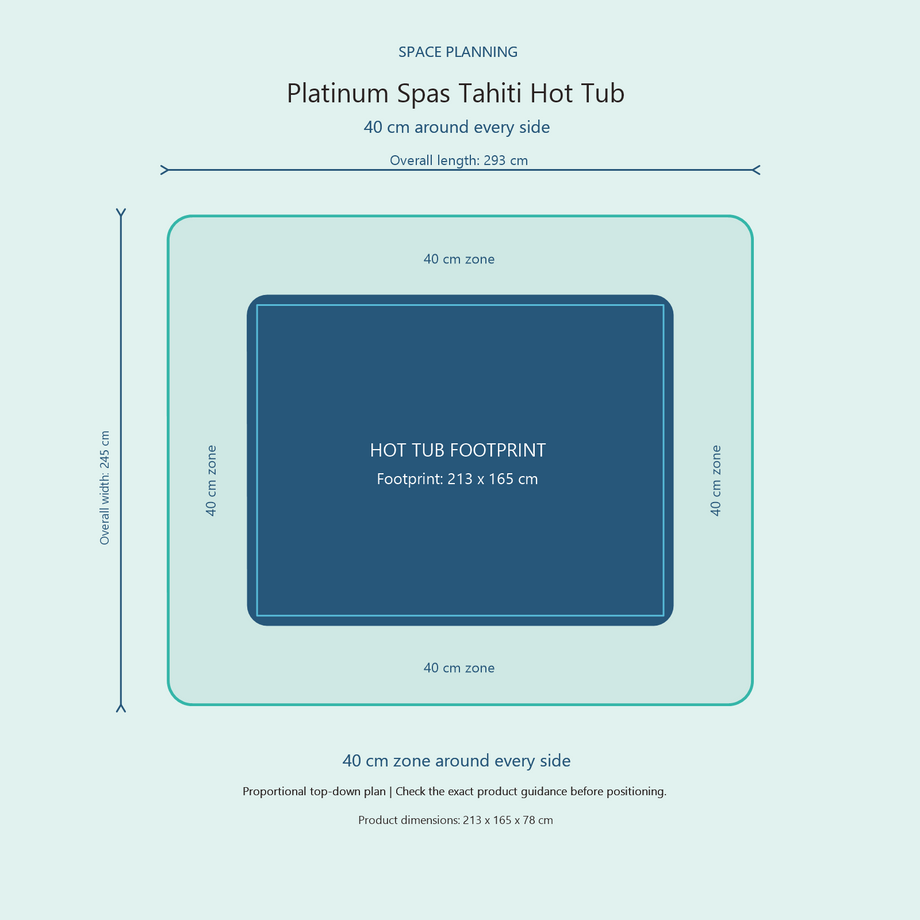 Top-down space plan for Platinum Spas Tahiti Hot Tub, showing the 213 x 165 cm footprint and a 40 cm zone around every side.