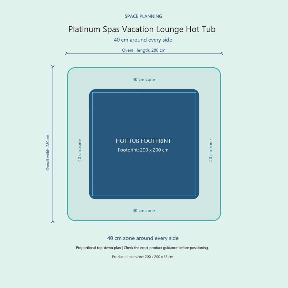 Top-down space plan for Platinum Spas Vacation Lounge Hot Tub, showing the 200 x 200 cm footprint and a 40 cm zone around every side.