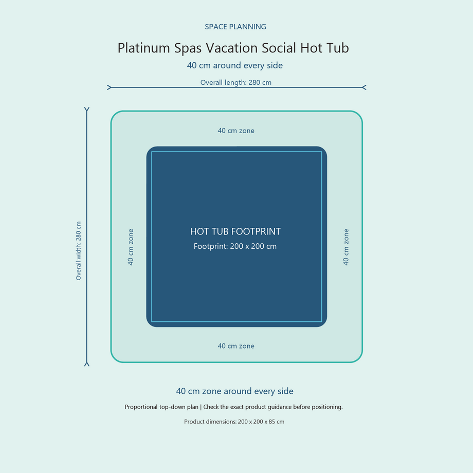 Top-down space plan for Platinum Spas Vacation Social Hot Tub, showing the 200 x 200 cm footprint and a 40 cm zone around every side.