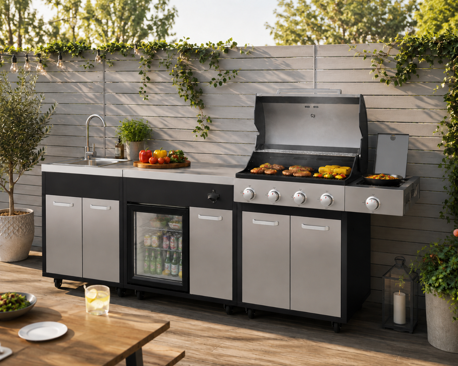 Boss Grill Outdoor Kitchen - 4 Burner Gas BBQ Grill with Beverage Cooler and Sink