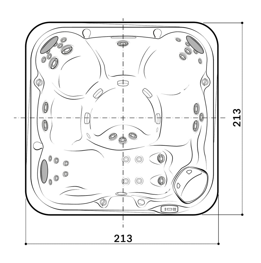 Dimensions drawing of the Jacuzzi J-201 hot tub, 213 cm square