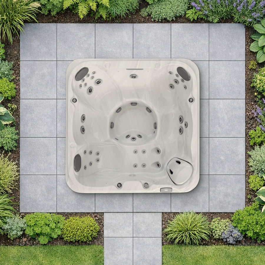 Top-down view of the Jacuzzi J-201 hot tub in a landscaped garden, shown to scale (illustrative garden setting)