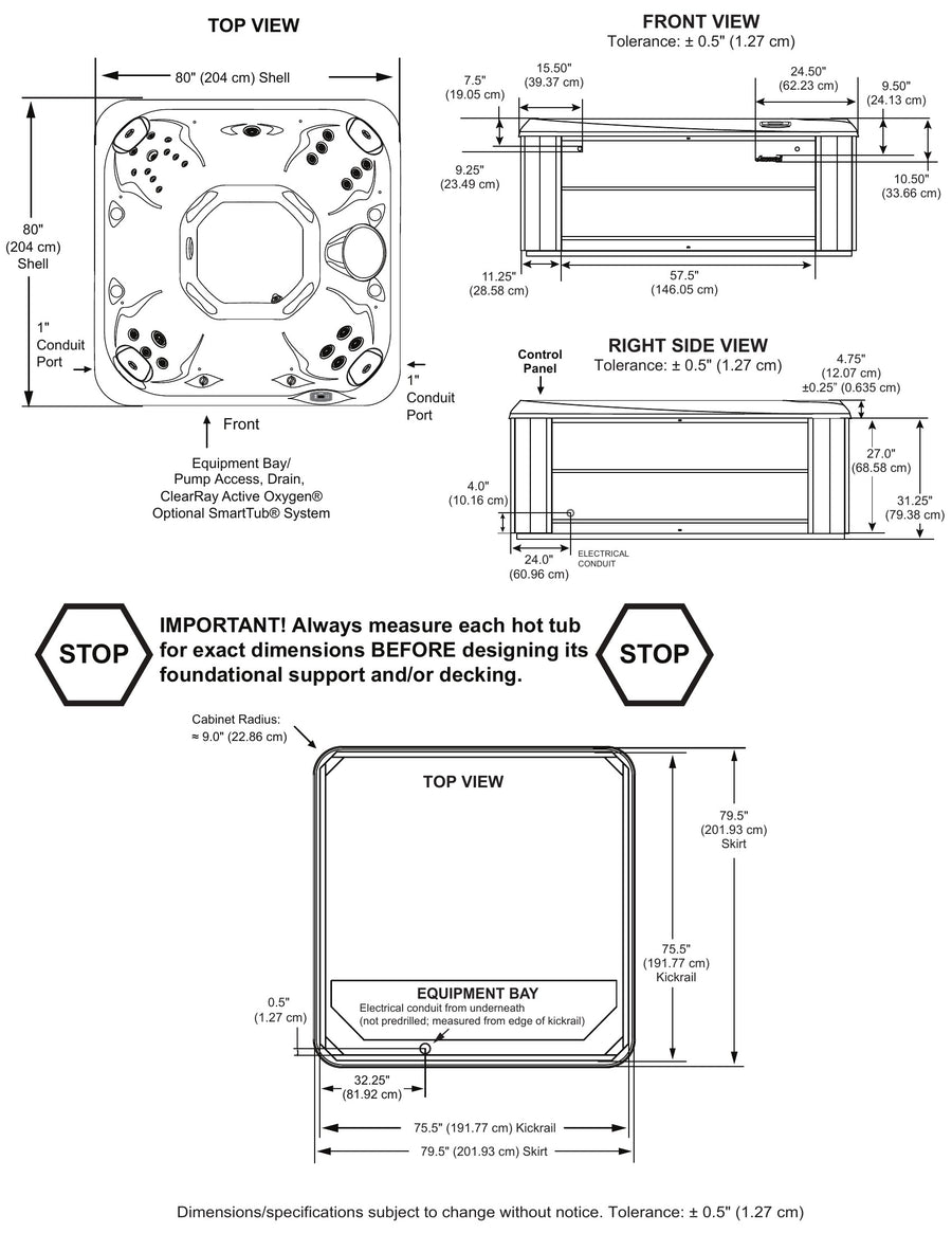 Jacuzzi J-225 dimensions drawing: 204 cm x 204 cm x 84 cm, top, front and side views