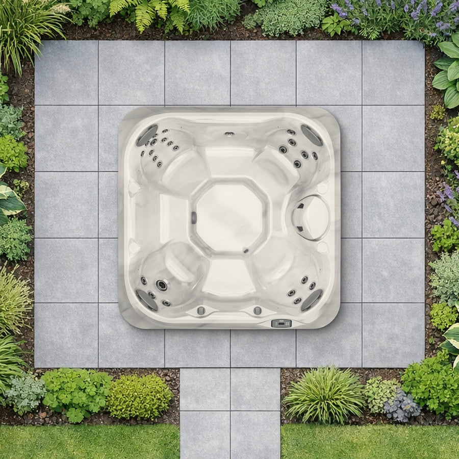Top-down view of the Jacuzzi J-225 hot tub in a landscaped garden, shown to scale (illustrative garden setting)