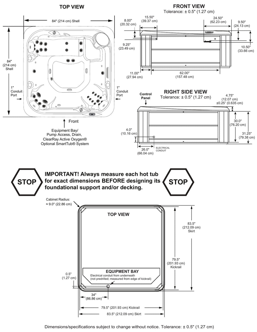 Jacuzzi J-235 dimensions drawing: 214 cm x 214 cm x 92 cm, top, front and side views