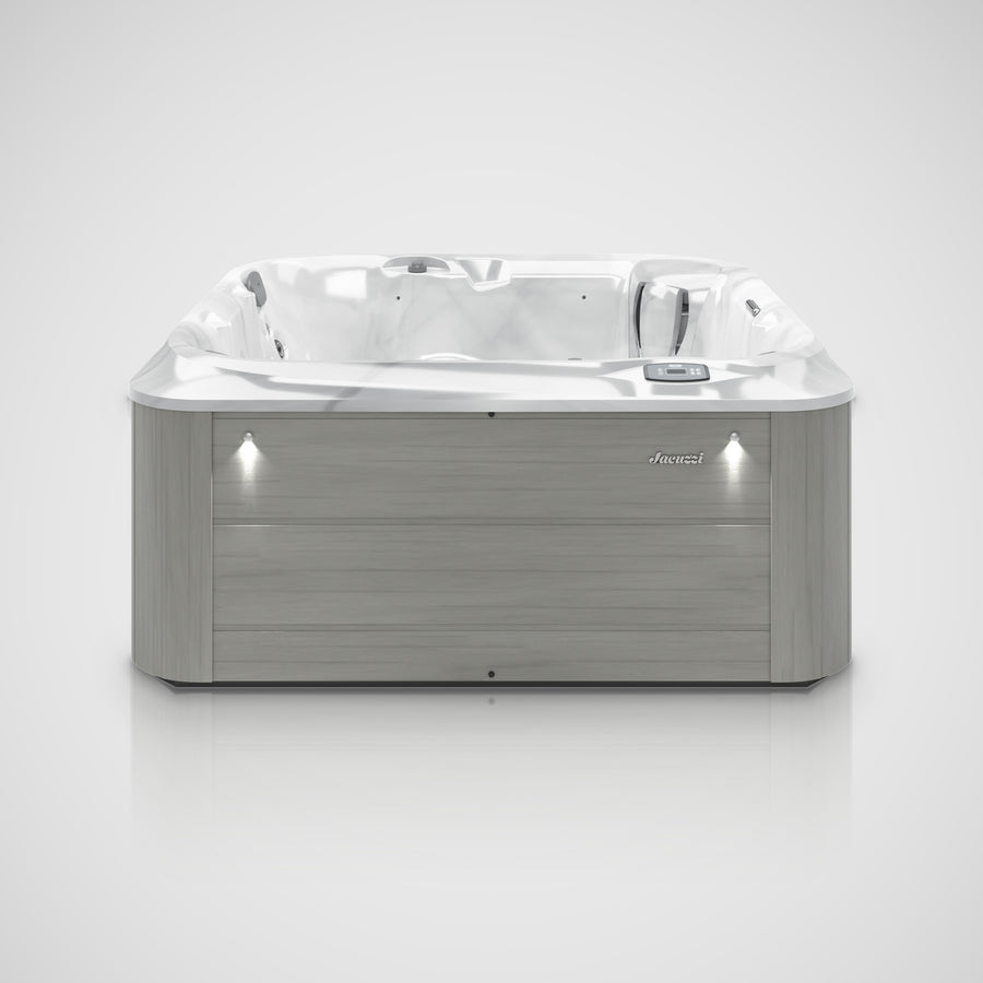 Jacuzzi J-235 hot tub in Platinum with Horizon Gray cabinet, front view