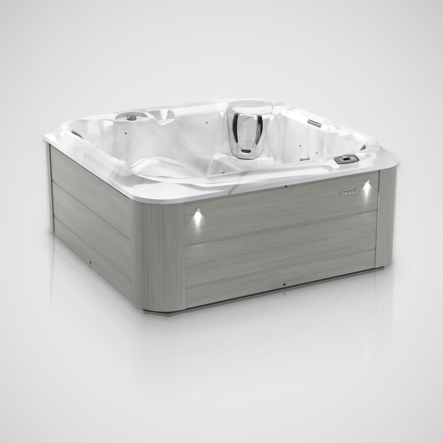 Jacuzzi J-235 hot tub in Platinum with Horizon Gray cabinet, three-quarter view