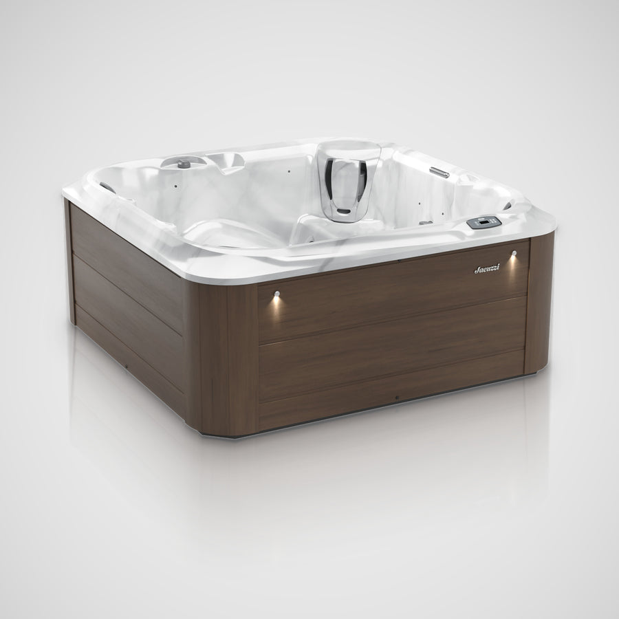Jacuzzi J-235 hot tub in Platinum with Pecan cabinet, three-quarter view