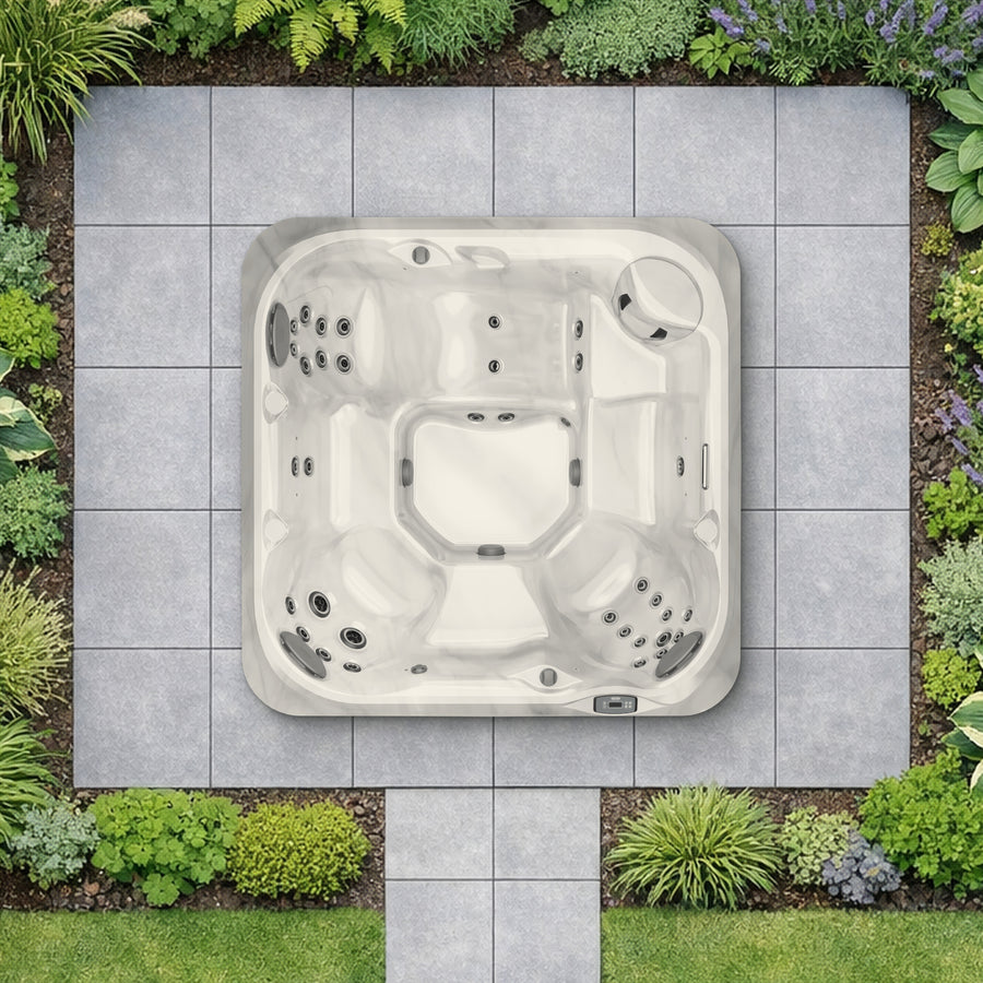 Top-down view of the Jacuzzi J-235 hot tub in a landscaped garden, shown to scale (illustrative garden setting)