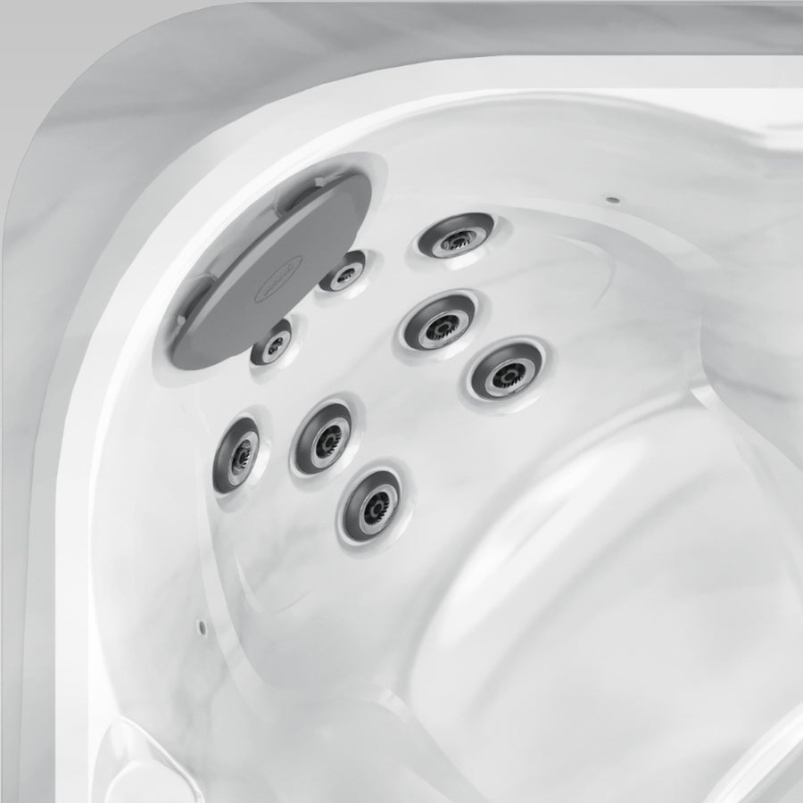 Close-up of the jets and headrest in one corner seat of the Jacuzzi J-245 hot tub