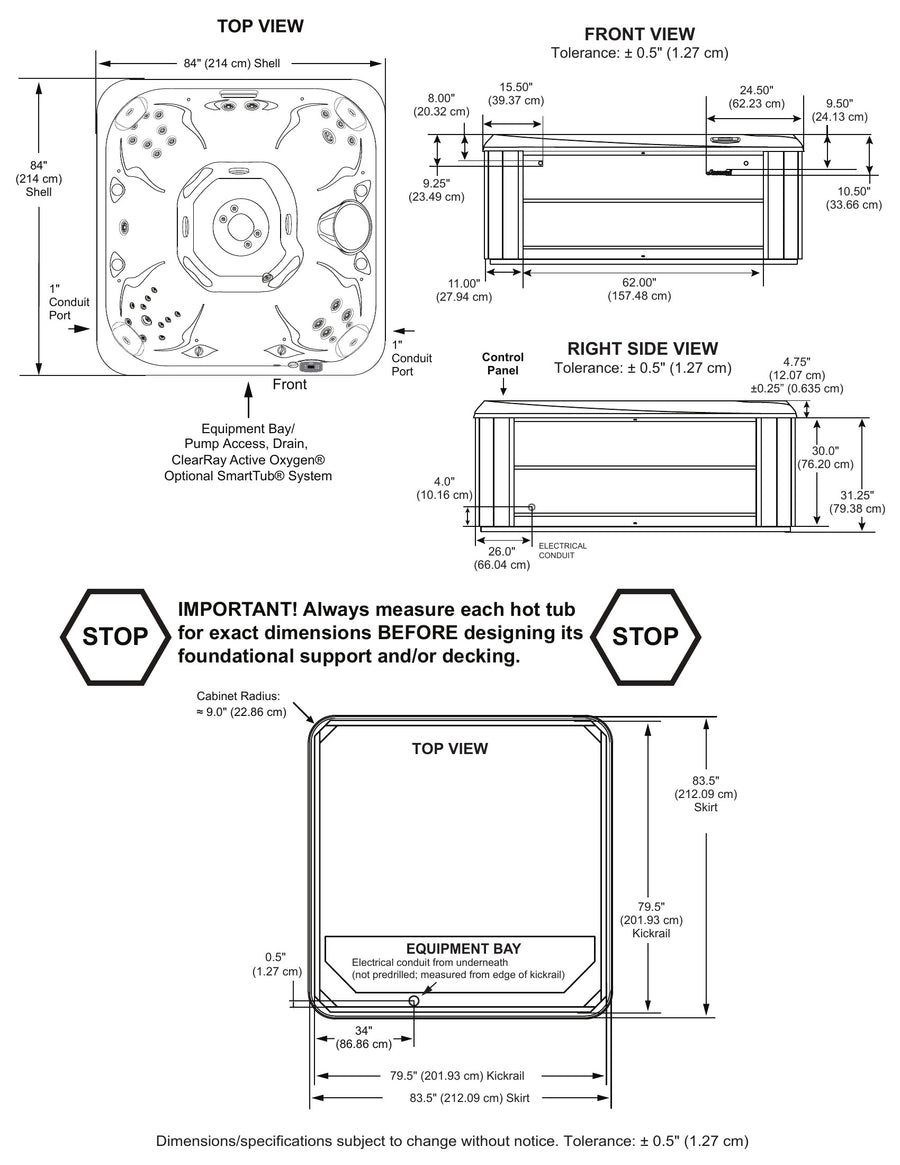 Dimensions drawing for the Jacuzzi J-245 hot tub: 214 x 214 x 92 cm, top, front and side views
