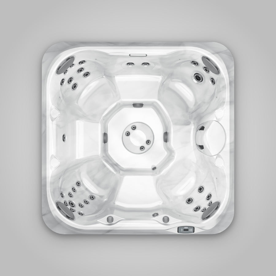 Overhead view of the Jacuzzi J-245 open seating layout with central foot dome