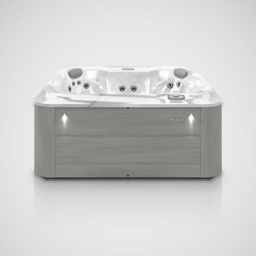 Jacuzzi J-245 hot tub Platinum shell and Horizon Grey cabinet, front view