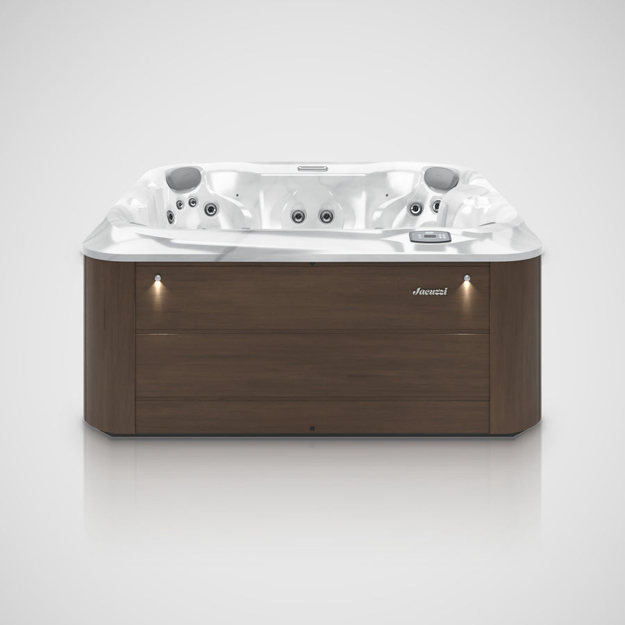 Jacuzzi J-245 hot tub Platinum shell and Pecan cabinet, front view