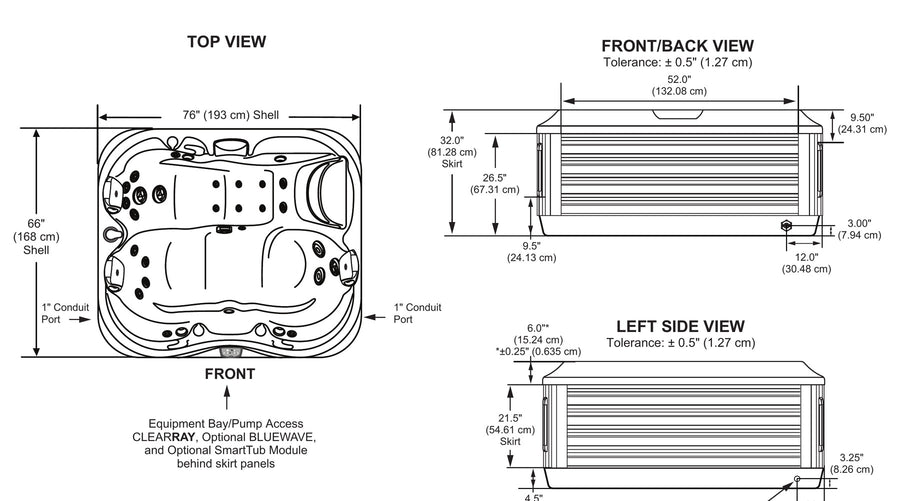 Dimensioned drawing of the Jacuzzi J-315 with top, front and side views