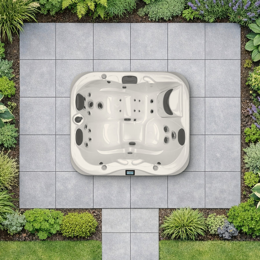 The Jacuzzi J-315 in a planted garden, seen from above and shown to scale (illustrative garden setting)