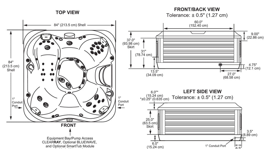 Jacuzzi J-335 dimensions drawing, 214 x 214 x 92 cm