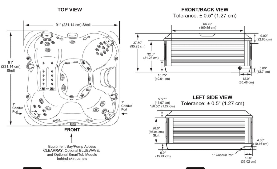Dimensions drawing of the Jacuzzi J-375 hot tub, 232 cm square