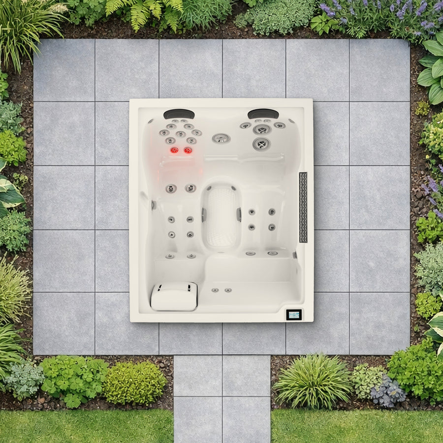 The Jacuzzi J-404L in a planted garden, seen from above and shown to scale (illustrative garden setting)