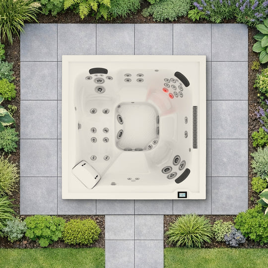 The Jacuzzi J-408L in a planted garden, seen from above and shown to scale (illustrative garden setting)