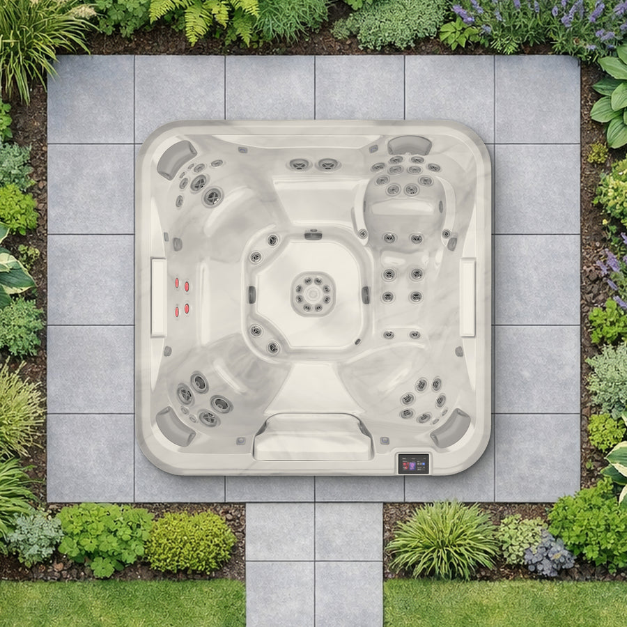 The Jacuzzi J-508L in a planted garden, seen from above and shown to scale (illustrative garden setting)