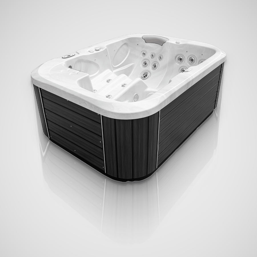 Jacuzzi S-300 hot tub, Silver Marble shell and dark grey cabinet, seen from above at an angle (studio)