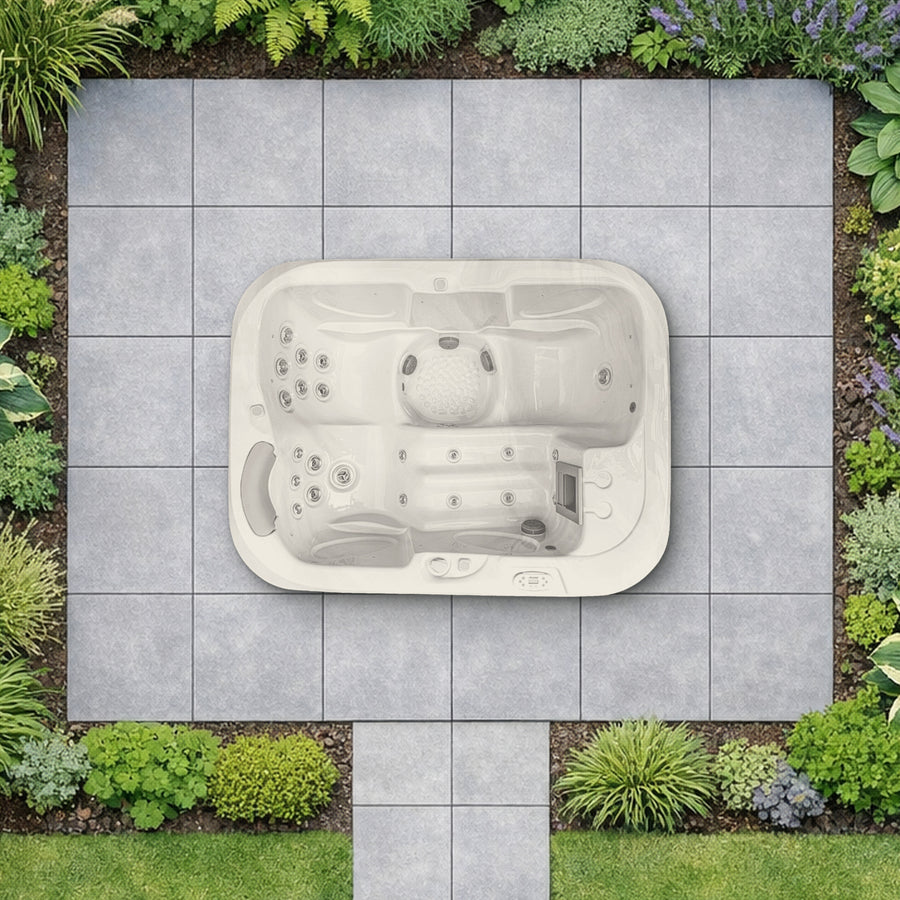 Illustrative top-down view of the Jacuzzi S-300 in a planted garden, shown to scale