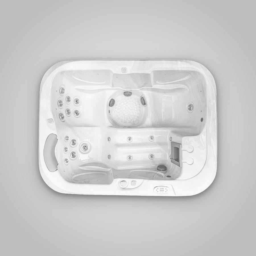 Jacuzzi S-300 hot tub seen from directly above, showing the seats, lounger and foot dome