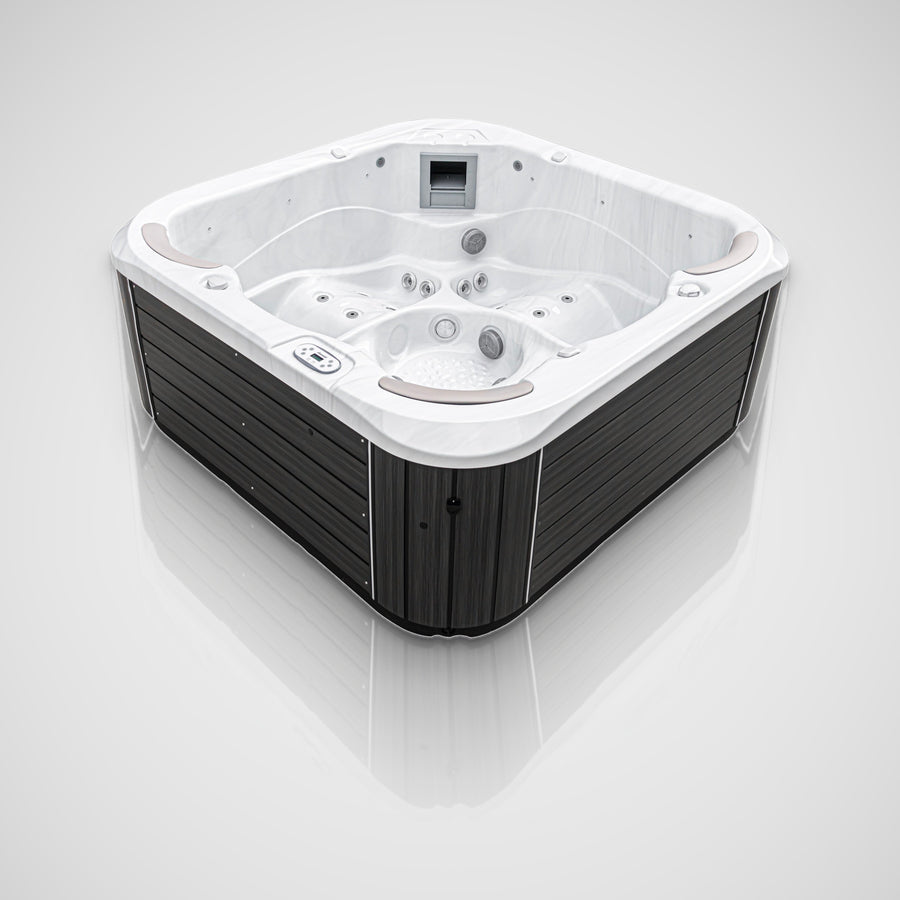 Jacuzzi S-550 hot tub, Silver Marble shell and dark grey cabinet, seen from above at an angle (studio)