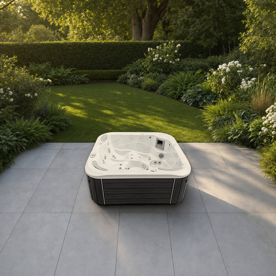 Jacuzzi S-550 hot tub in a garden (illustrative garden setting)